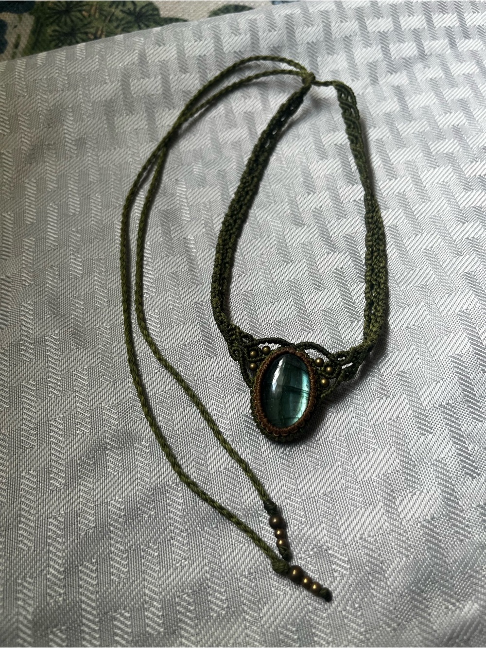 Handmade Olive Green Macramé Necklace with Labradorite Pendant